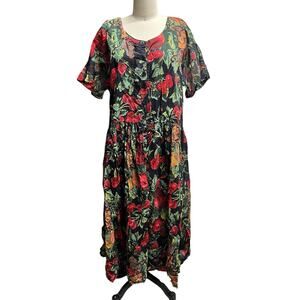 Vtg Fruits & Floral Cotton Lined Dress Gauzy Cotton Boho Grunge Dress SZ 12